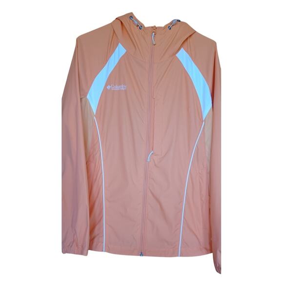 Columbia Orange and White Hooded Windbreaker Rain Jacket Full Zip Women's Large - Picture 1 of 6